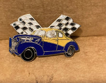 Load image into Gallery viewer, Hookfast Vintage Race Car Coupe with Checkered Flags Lapel Brooch Pin Providence Rhode Island
